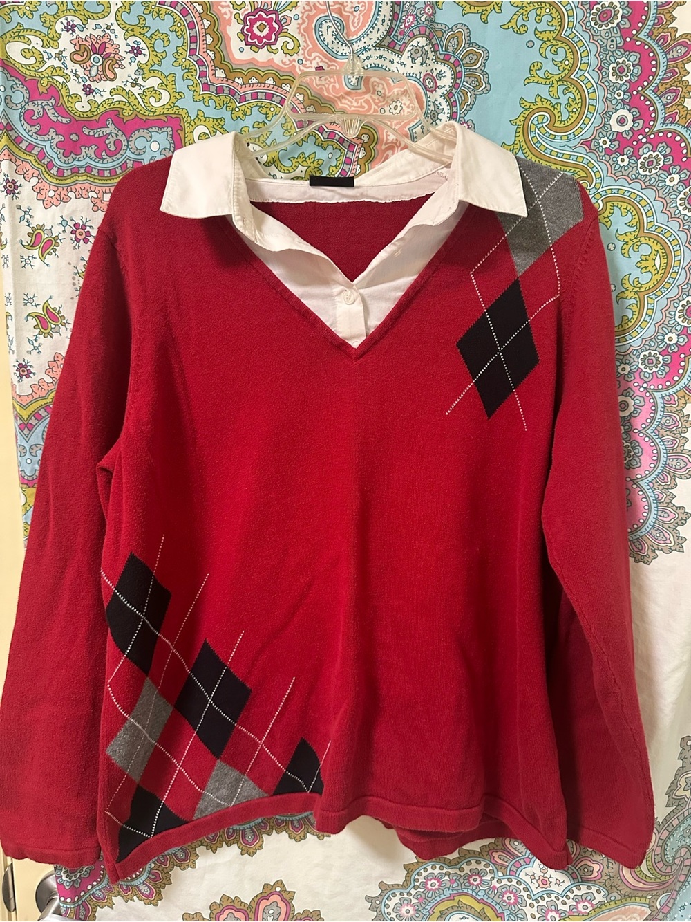 East 5th Red V-Neck Sweater with Black and Gray Argyle